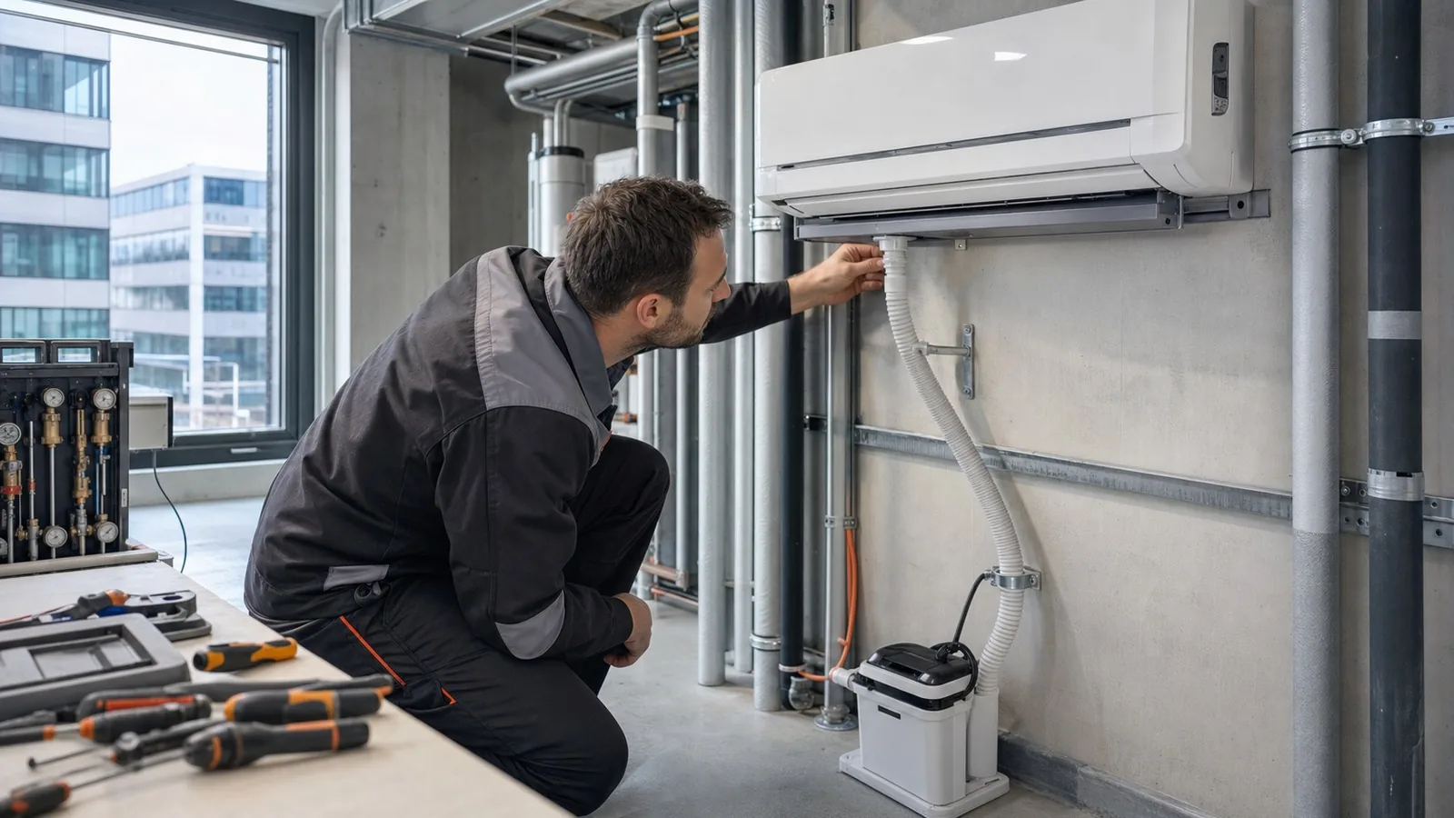 Servicetechniker prüft den Kondensatablauf einer gewerblichen Split-Klimaanlage; Kondensatleitung und Tropftasse werden kontrolliert