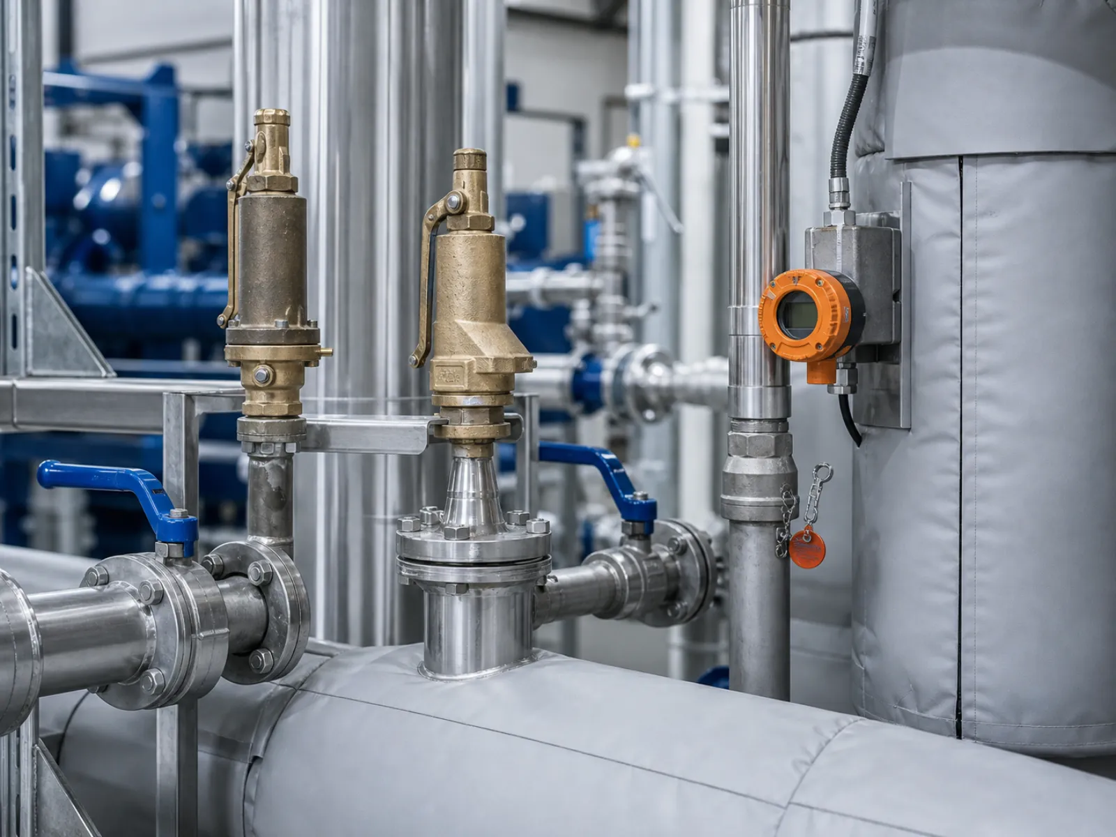 Sicherheitsventile und Absperrarmaturen an isolierten Rohrleitungen in einem Industriekälte-Technikraum