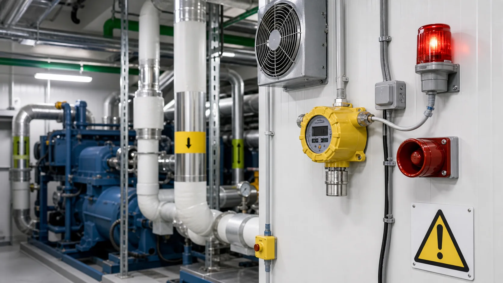 Gaswarn- und Alarmtechnik mit Lüftungssteuerung in einem Industriekälte-Technikraum für eine Ammoniak-Kälteanlage