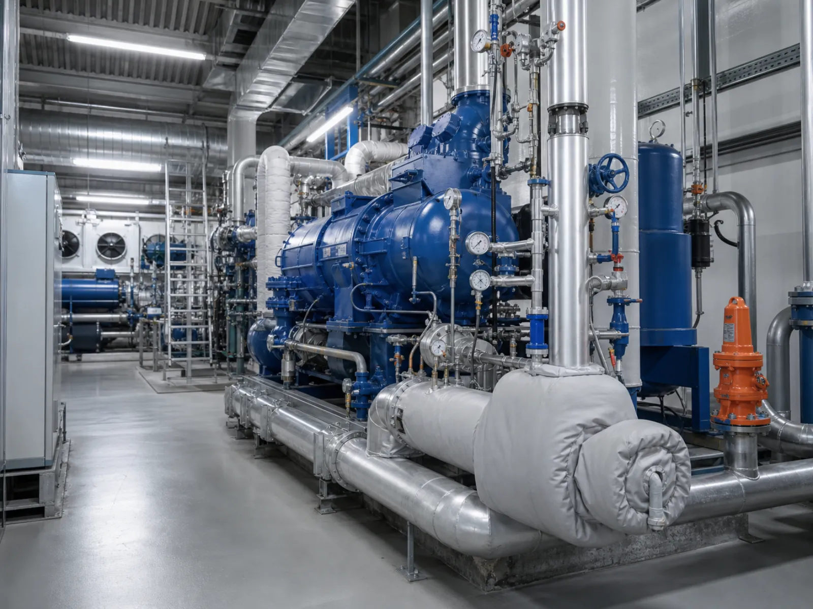Industriekälte-Technikraum mit Rohrleitungen, Ventilen und Sicherheitseinrichtungen einer Ammoniak-Kälteanlage