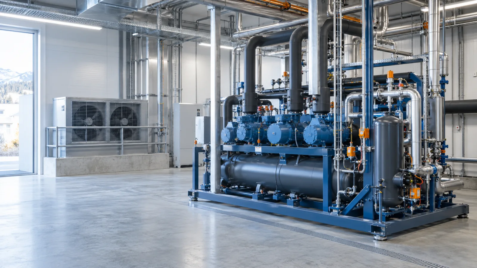 Aufgeräumter Maschinenraum einer Industriekälteanlage mit verdichteten Rohrleitungen und Aggregat
