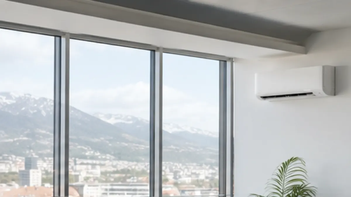 Modernes österreichisches Besprechungszimmer mit diskreter Split-Klimaanlage während einer Besprechung
