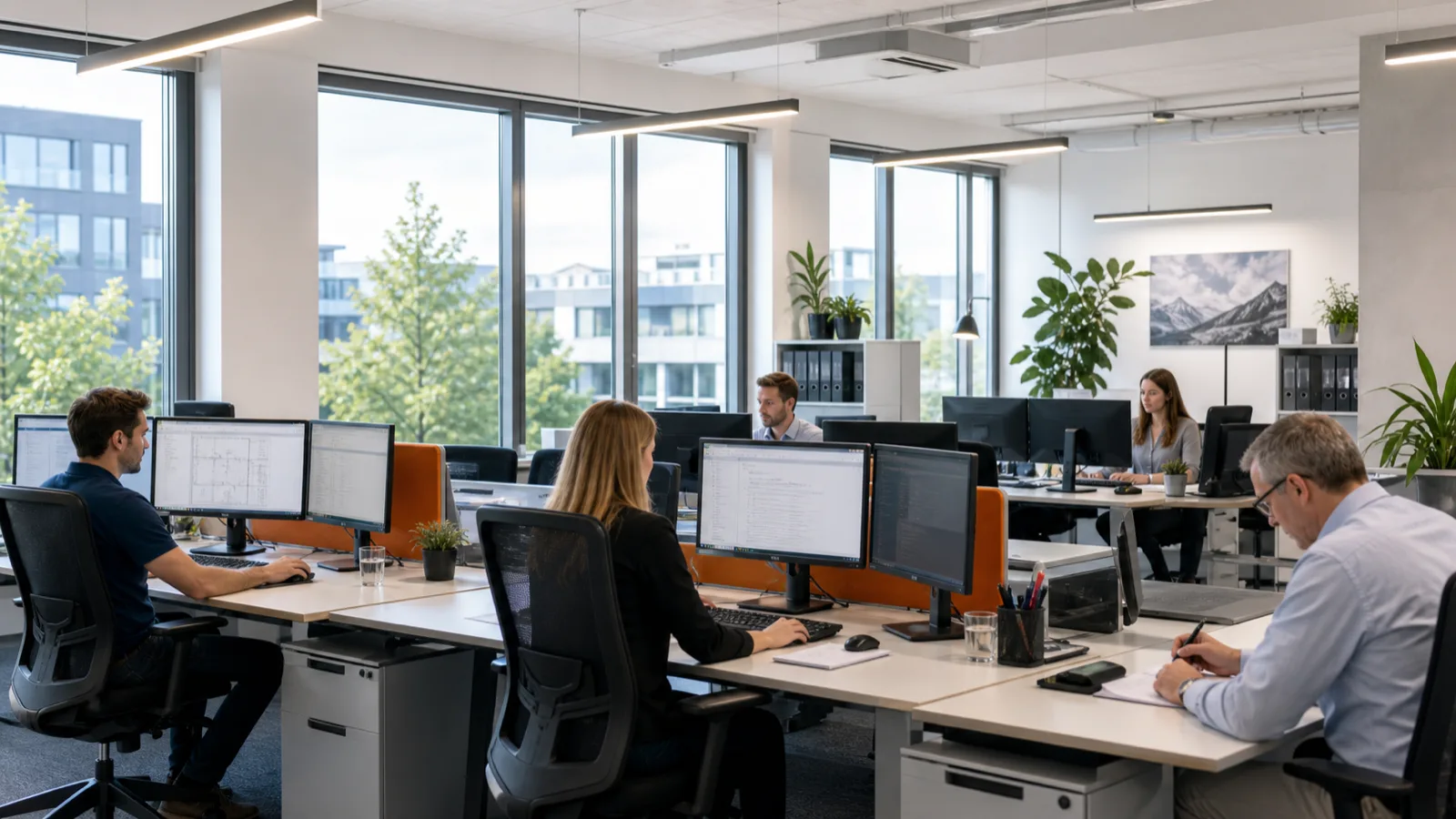 Büro mit vielen Personen, Monitoren und großer Fensterfront mit Sonneneinstrahlung