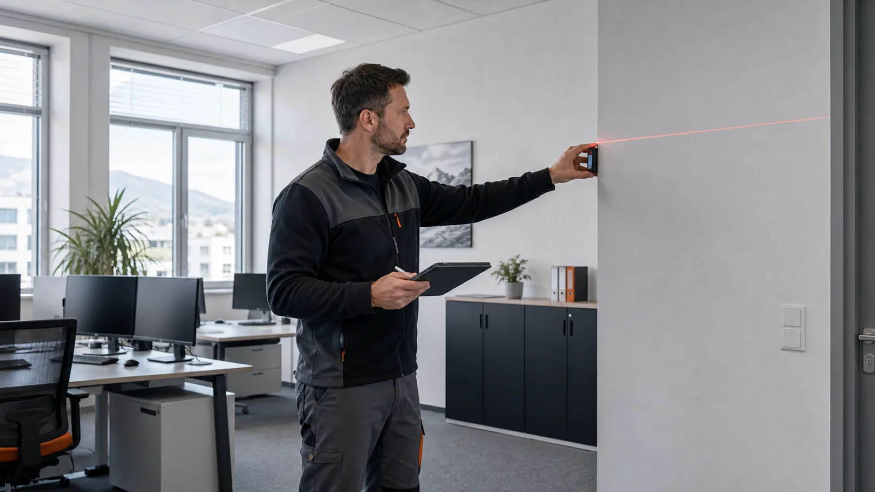 Techniker misst Raumdaten und plant die Leistung einer Klimaanlage in einem Büro
