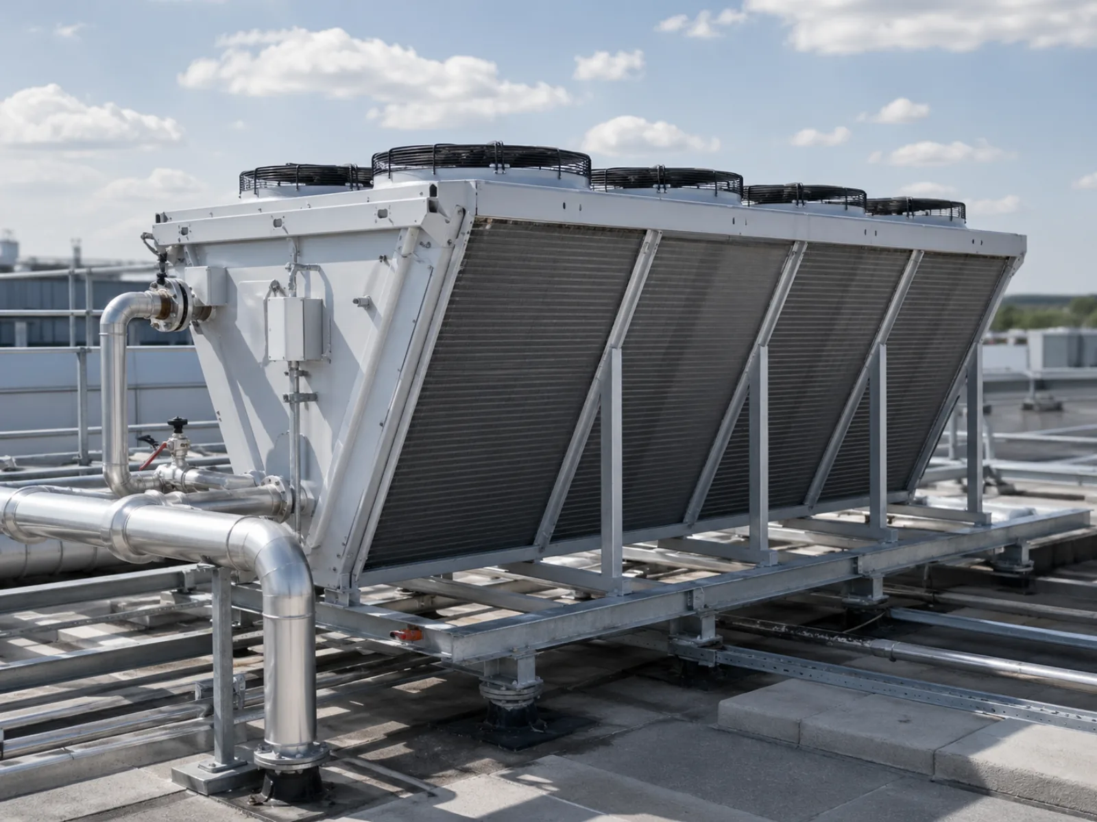 Rooftop-Gaskühler einer Kälteanlage auf einem gewerblichen Gebäude