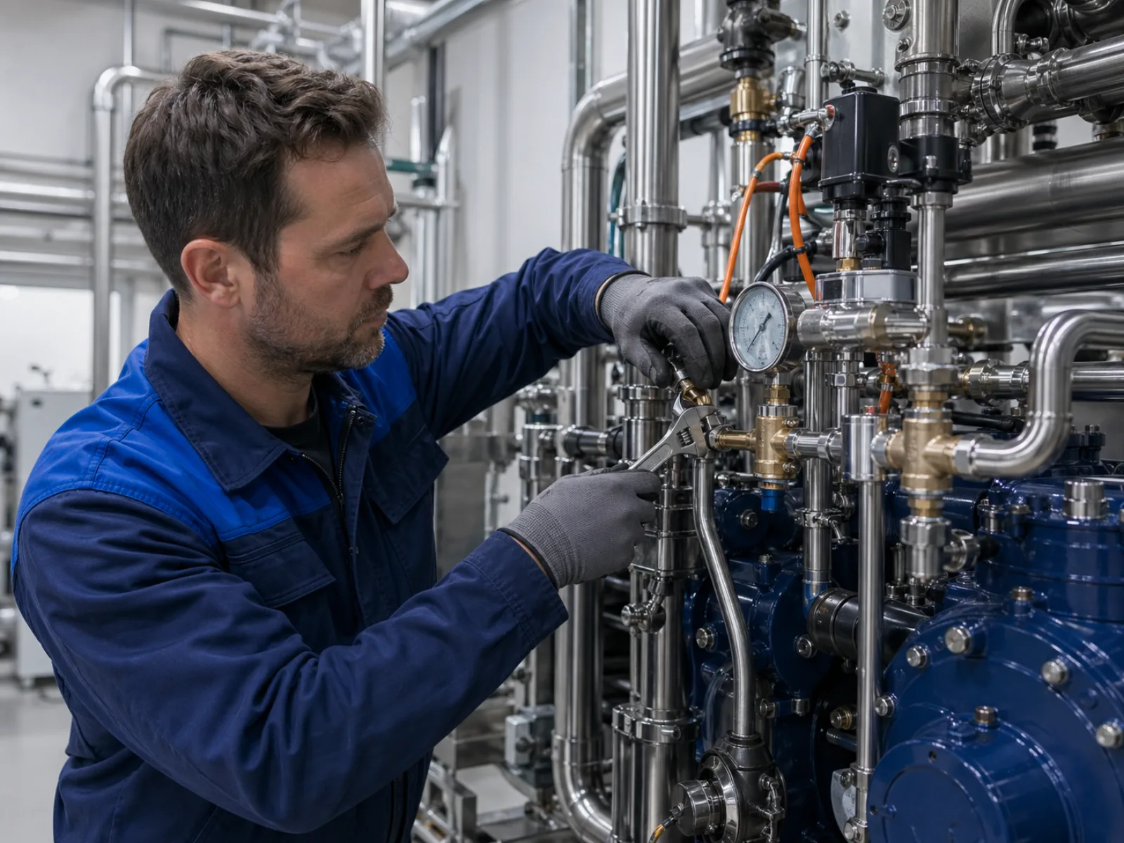 Kältetechniker kontrolliert Ventile und Rohrleitungen an einer CO2-Kälteanlage im Technikraum