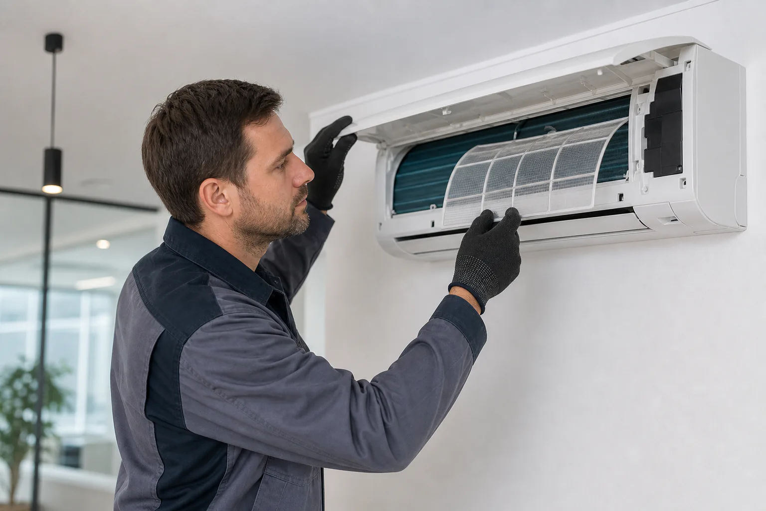 Servicetechniker öffnet ein Innengerät und prüft Filter und Wärmetauscher in einem sauberen, gewerblichen Innenraum