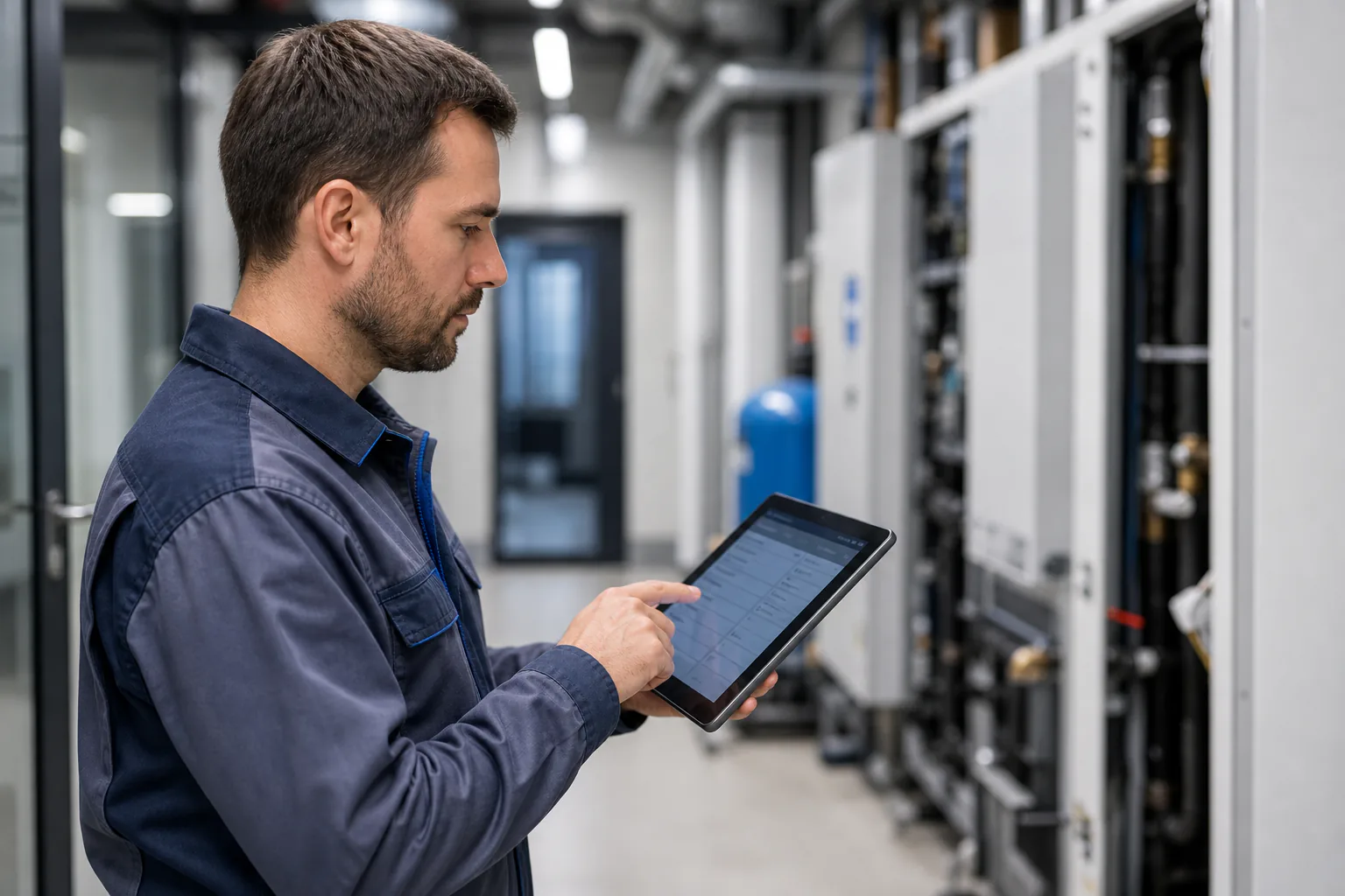 Techniker hält einen Controller und dokumentiert einen Fehlercode; Umgebung wirkt wie ein modernes Gewerbeobjekt, ohne sichtbare Marken