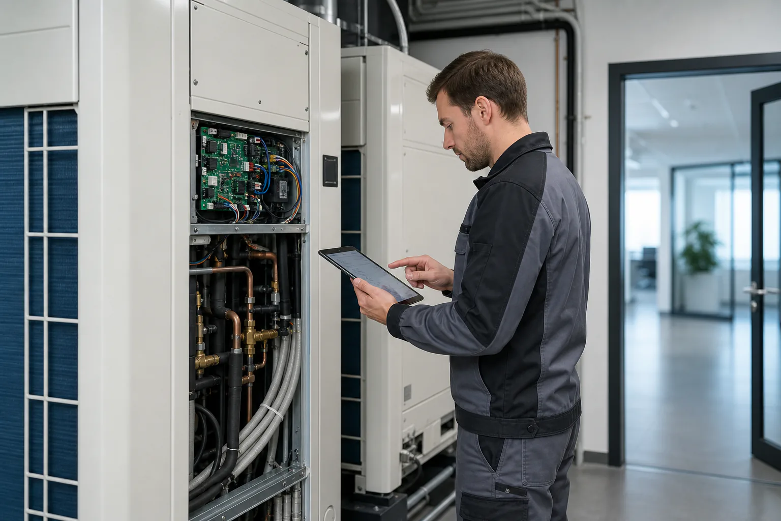 Techniker wartet eine moderne Multi-Split- oder VRF-Klimaanlage in einem gewerblichen Gebäude und prüft Betriebsdaten