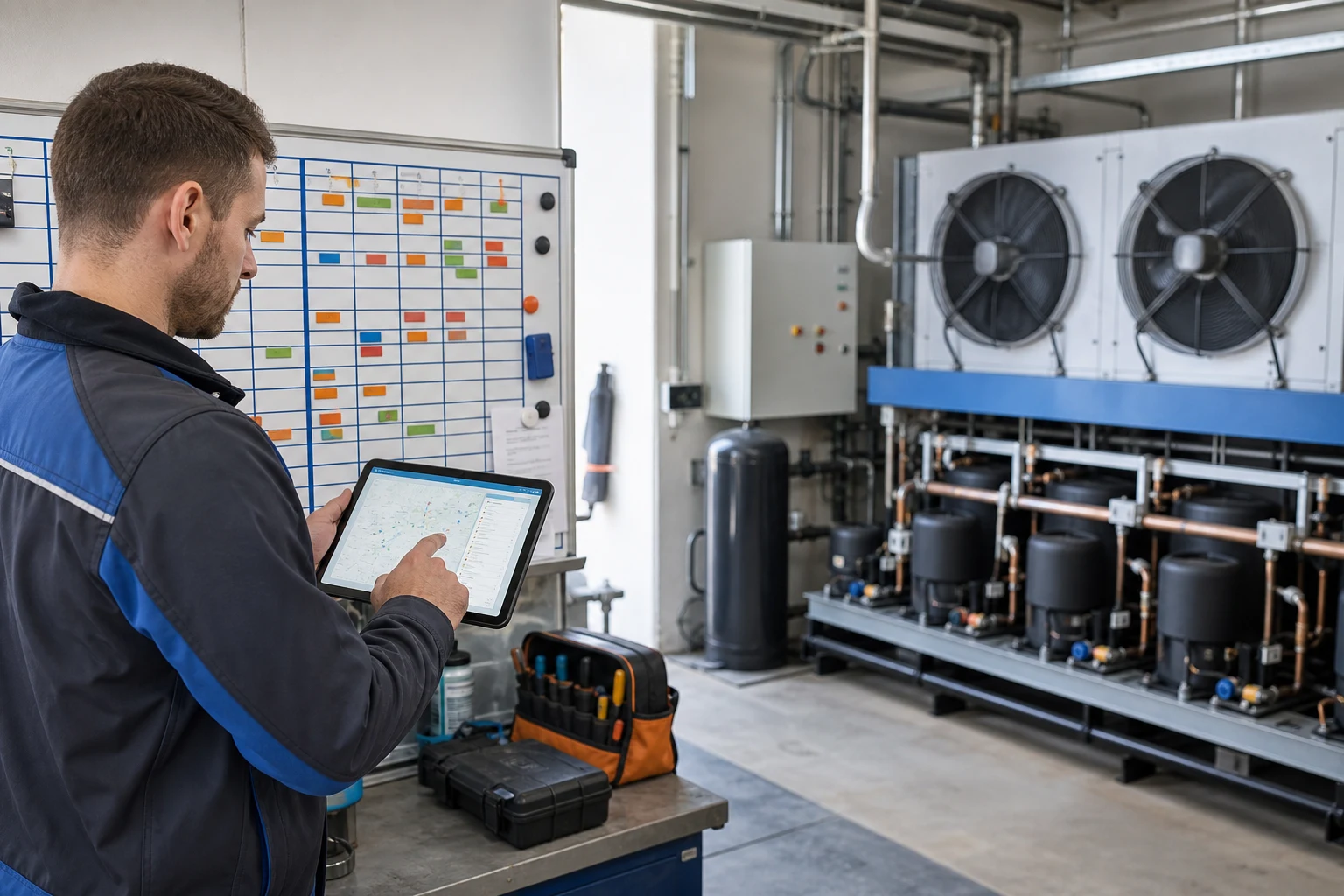 Servicetechniker prüft eine gewerbliche VRV-Klimaanlage in einem modernen Technikbereich mit Diagnosetool und Leitungsnetz