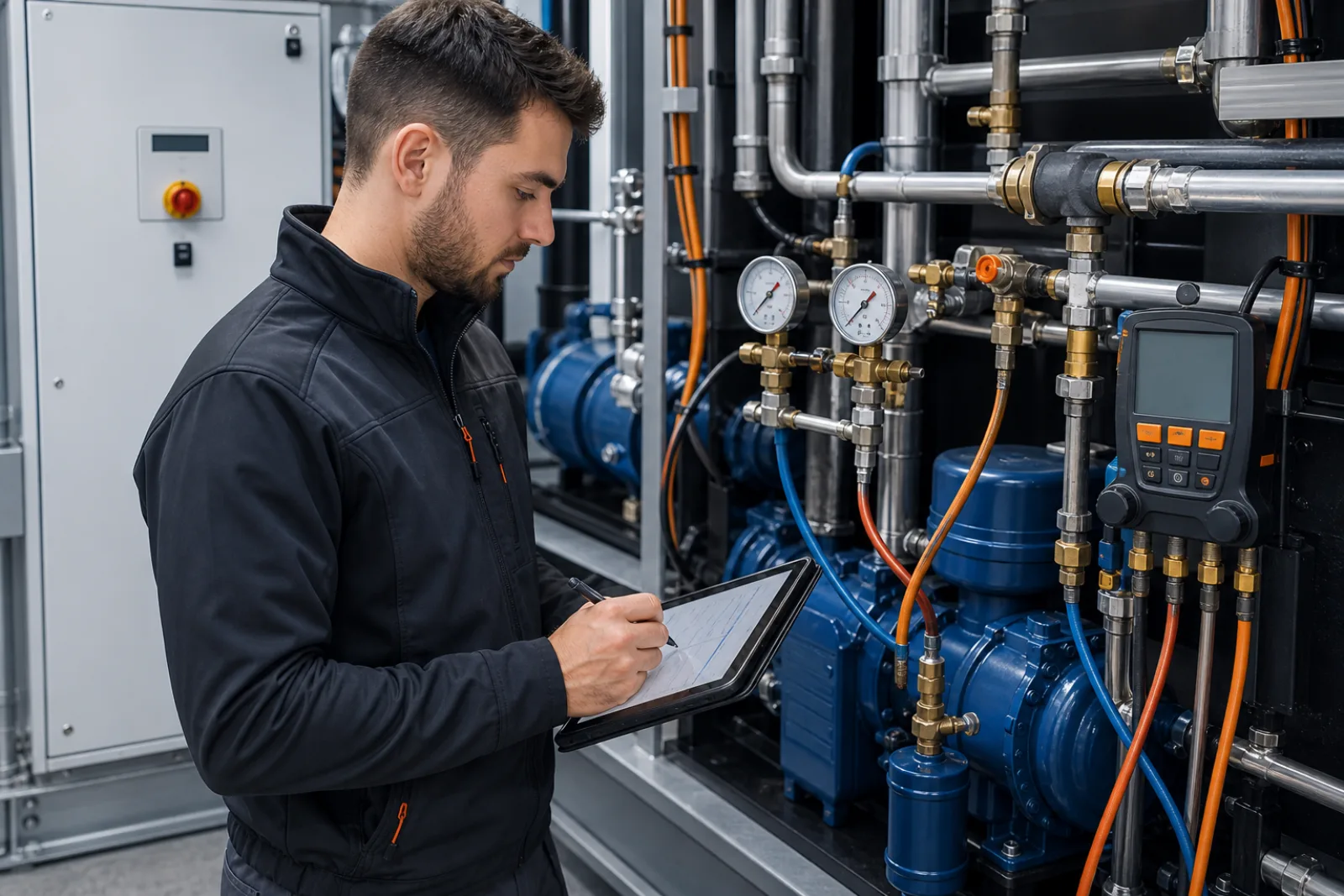 Servicetechniker dokumentiert Messwerte an einer Kälteanlage; im Hintergrund ein sauberes Protokollformular