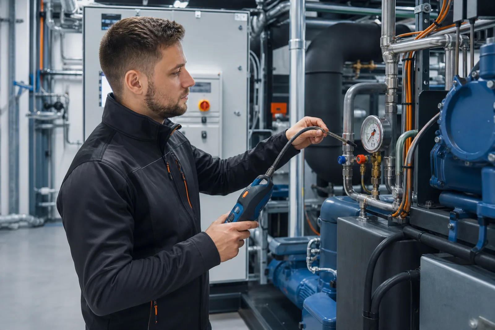Servicetechniker prüft mit Lecksuchgerät und Manometer eine gewerbliche Kälteanlage im Technikraum