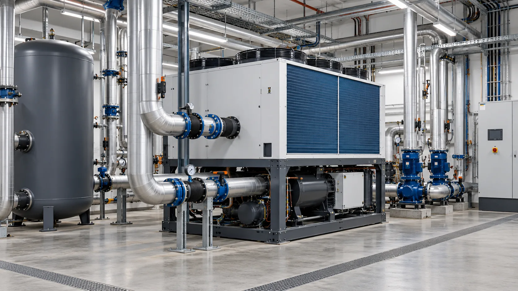 Eiswassersatz mit Pufferspeicher, Pumpengruppe und gedämmten Kaltwasserleitungen im Technikraum