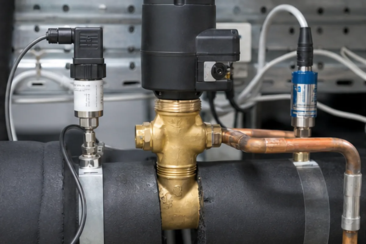Elektronisches Expansionsventil mit Drucktransmitter und Temperaturfühler in einer Industriekälteanlage