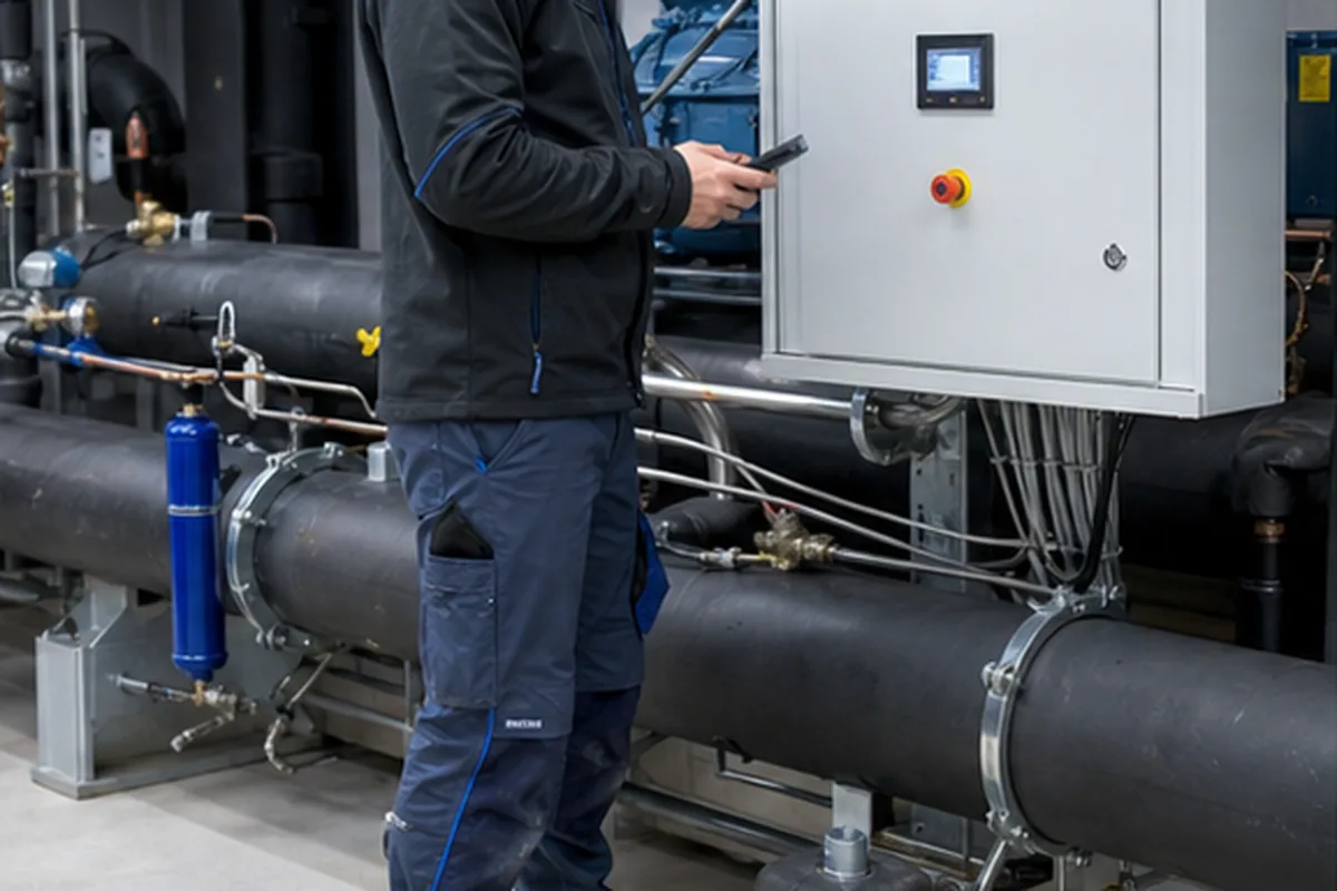 Kältetechniker diagnostiziert die EEV-Regelung in einer Industriekälteanlage