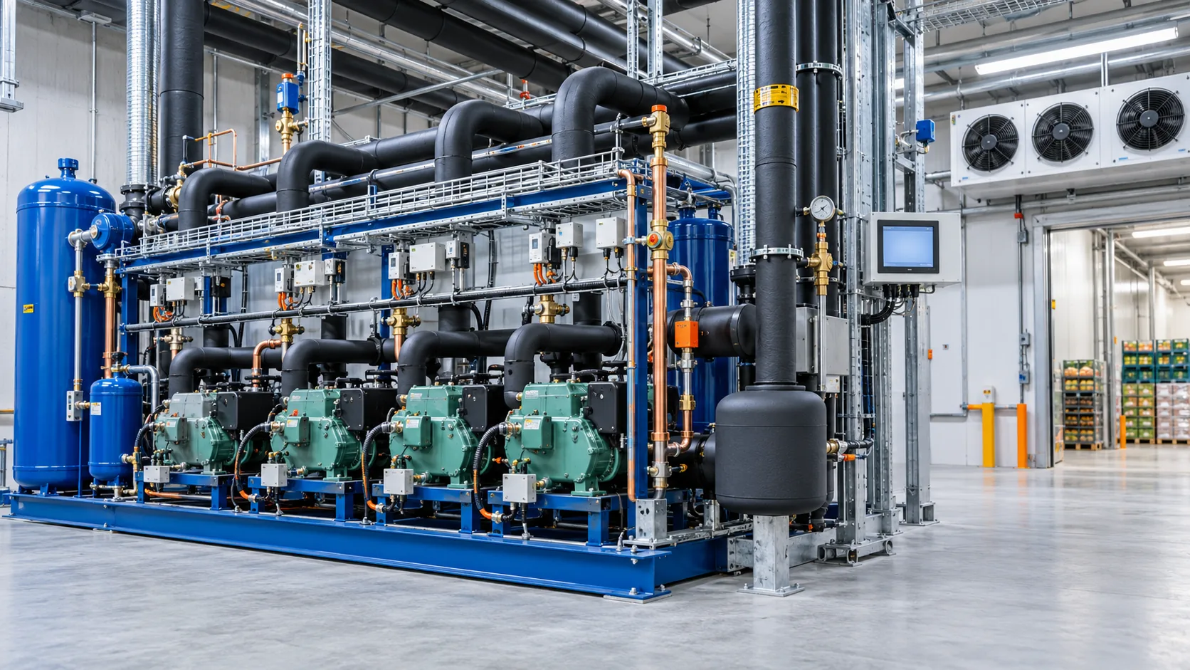 Gewerbekälteanlage mit mehreren Verdichtern und gedämmten Leitungen im Technikraum