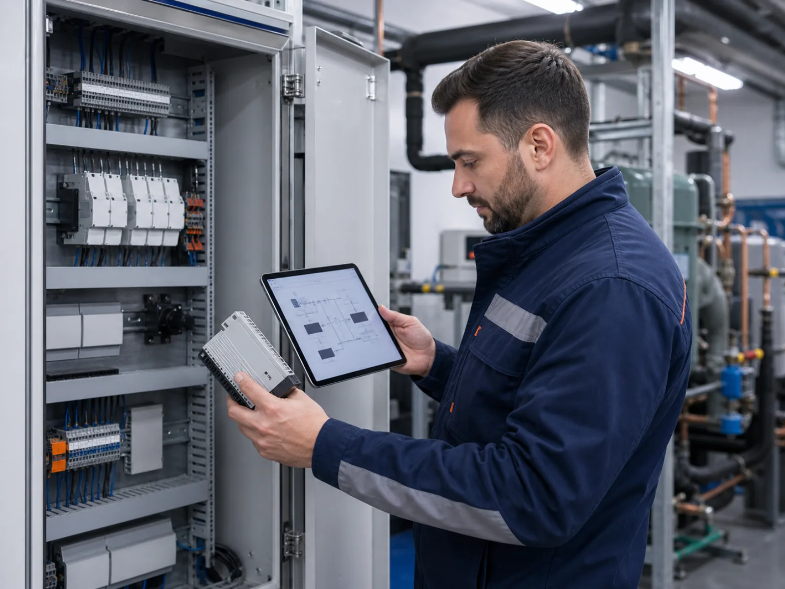 Techniker prüft eine Kälteanlagen-Steuerung im Schaltschrank und vergleicht Teilenummern mit einer digitalen Stückliste am Tablet
