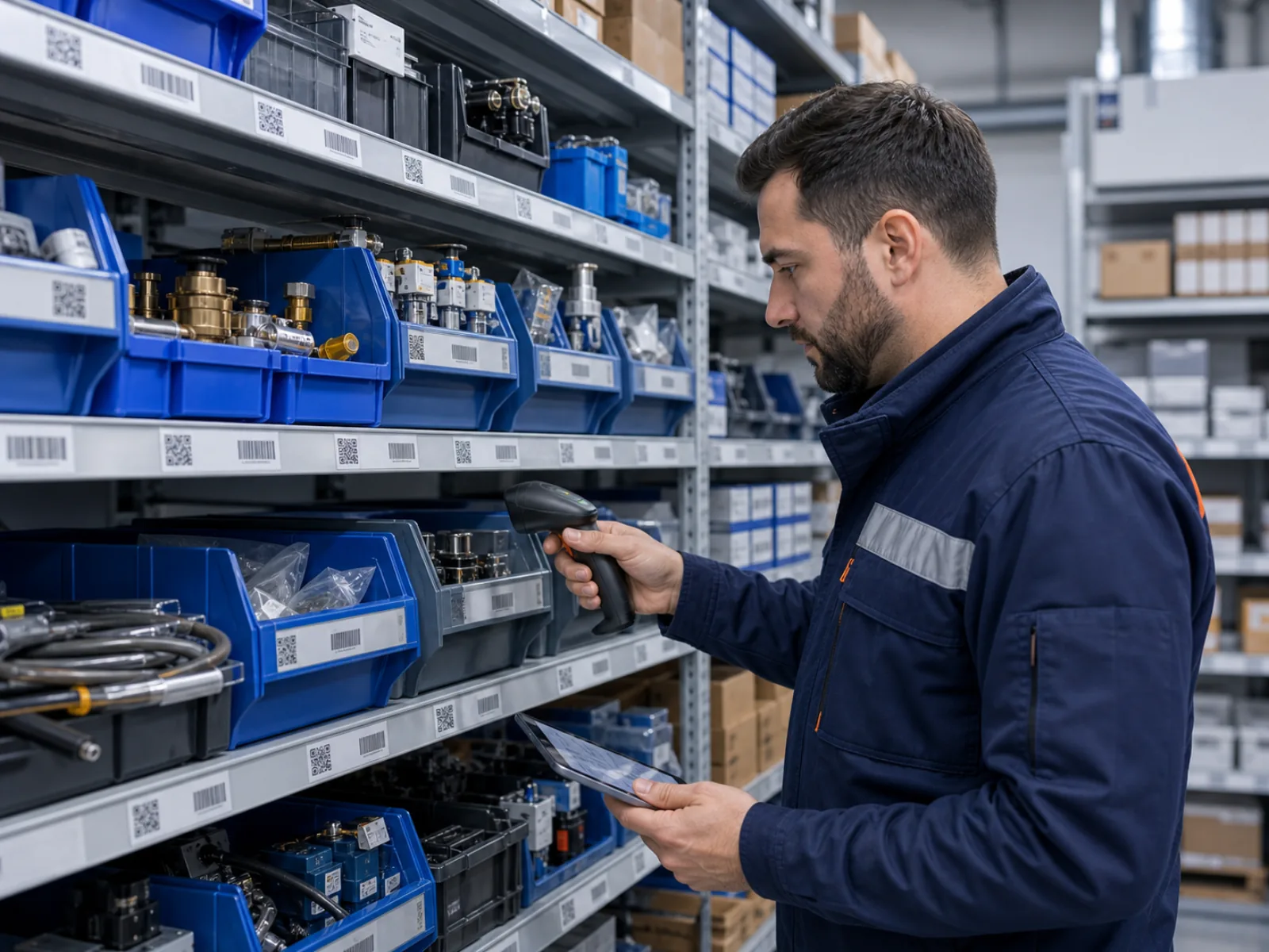 Ersatzteillager mit beschrifteten Boxen und QR-/Barcode-Labels (ohne lesbaren Text); Techniker scannt ein Teil mit Handscanner