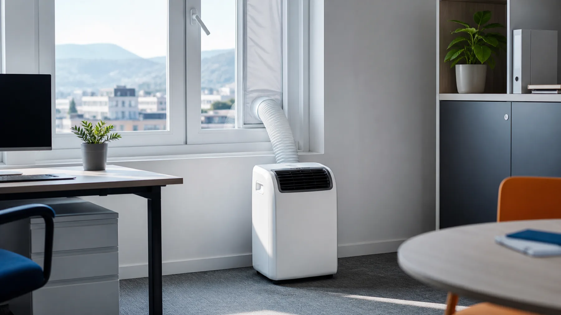 Mobile Klimaanlage mit Abluftschlauch, der über ein abgedichtetes Fenster-Kit nach außen geführt ist