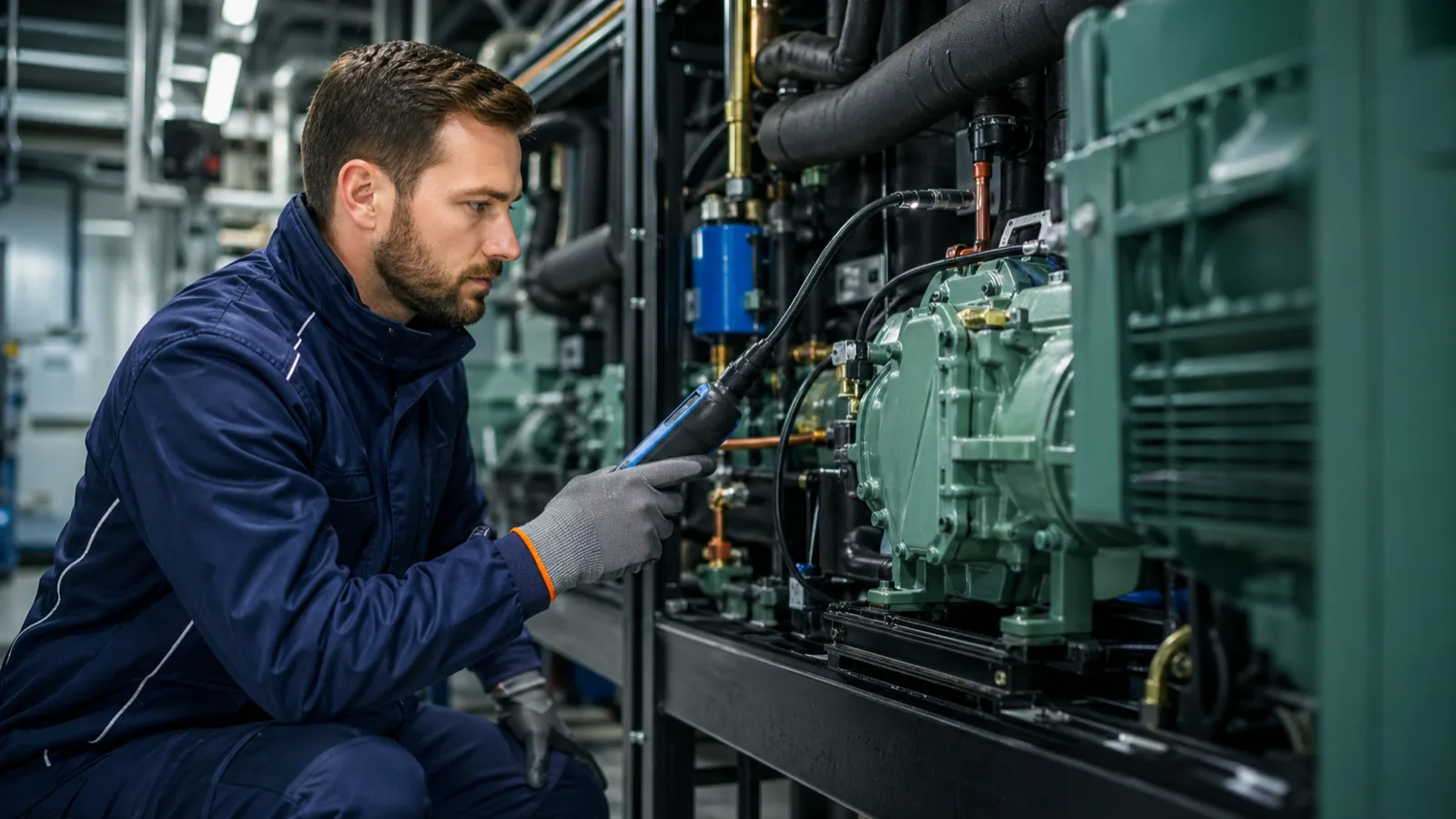 Servicetechniker prüft eine Kälteanlage mit Lecksuchgerät im Technikraum