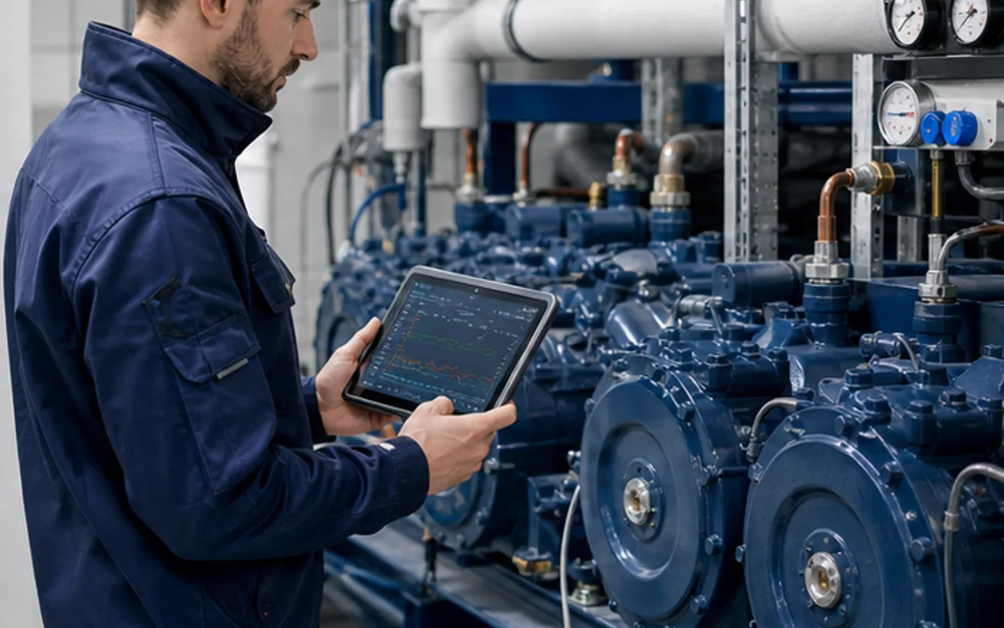 Techniker analysiert Trenddaten an einem Industriekälte-Verdichterverbund