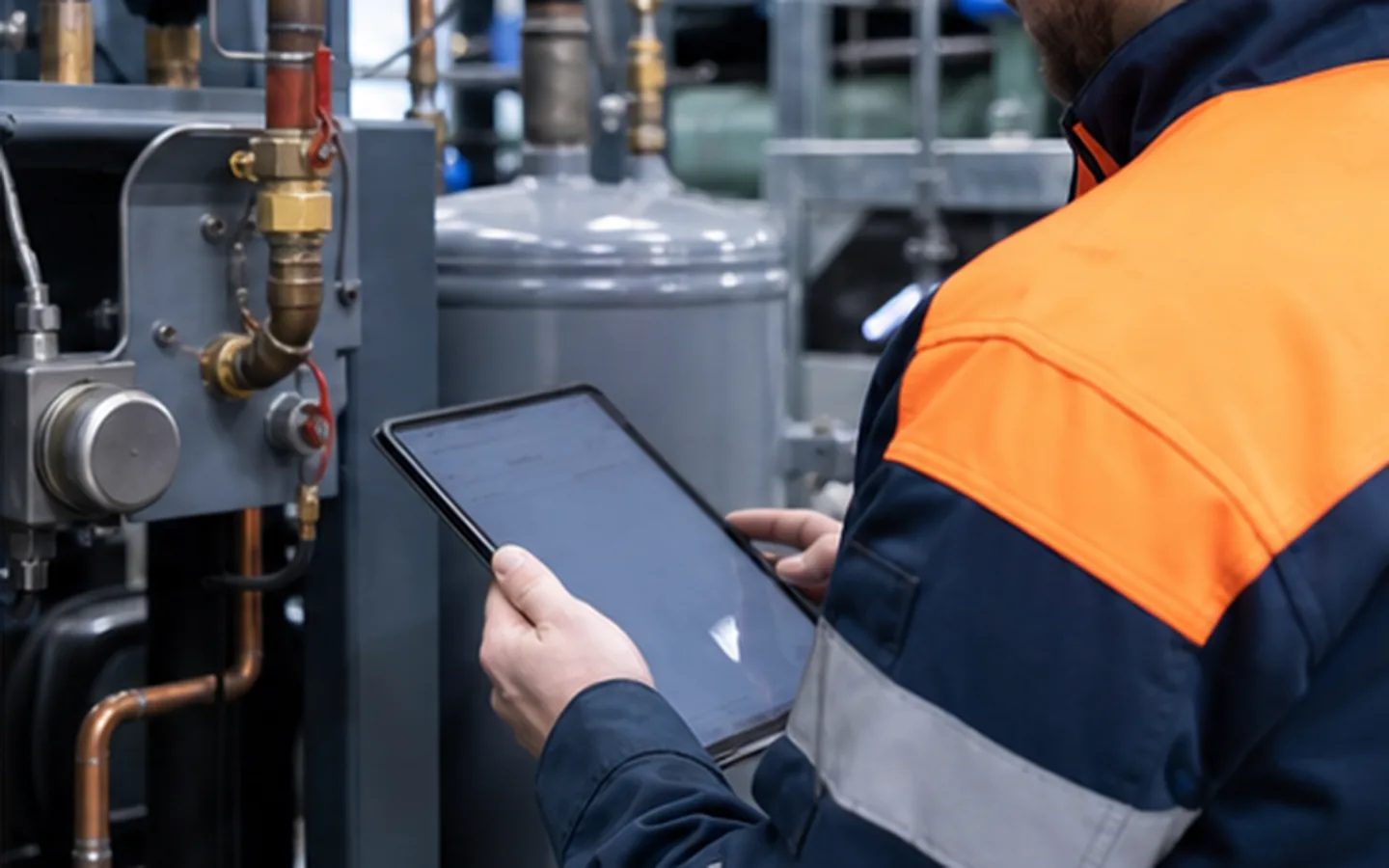 Techniker prüft Betriebswerte an einem Flüssigkeitssammler in der Industriekälte