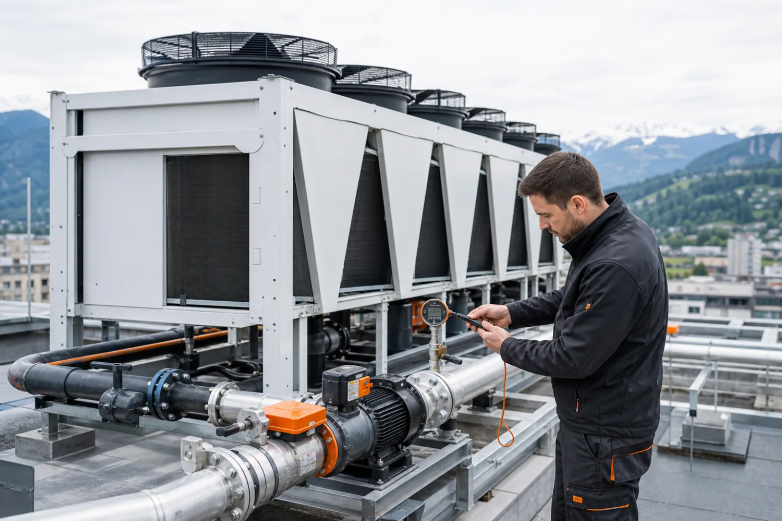 Rooftop-Trockenkühler mit Rohrleitungen und Pumpengruppe; Techniker prüft Durchfluss und Temperaturfühler