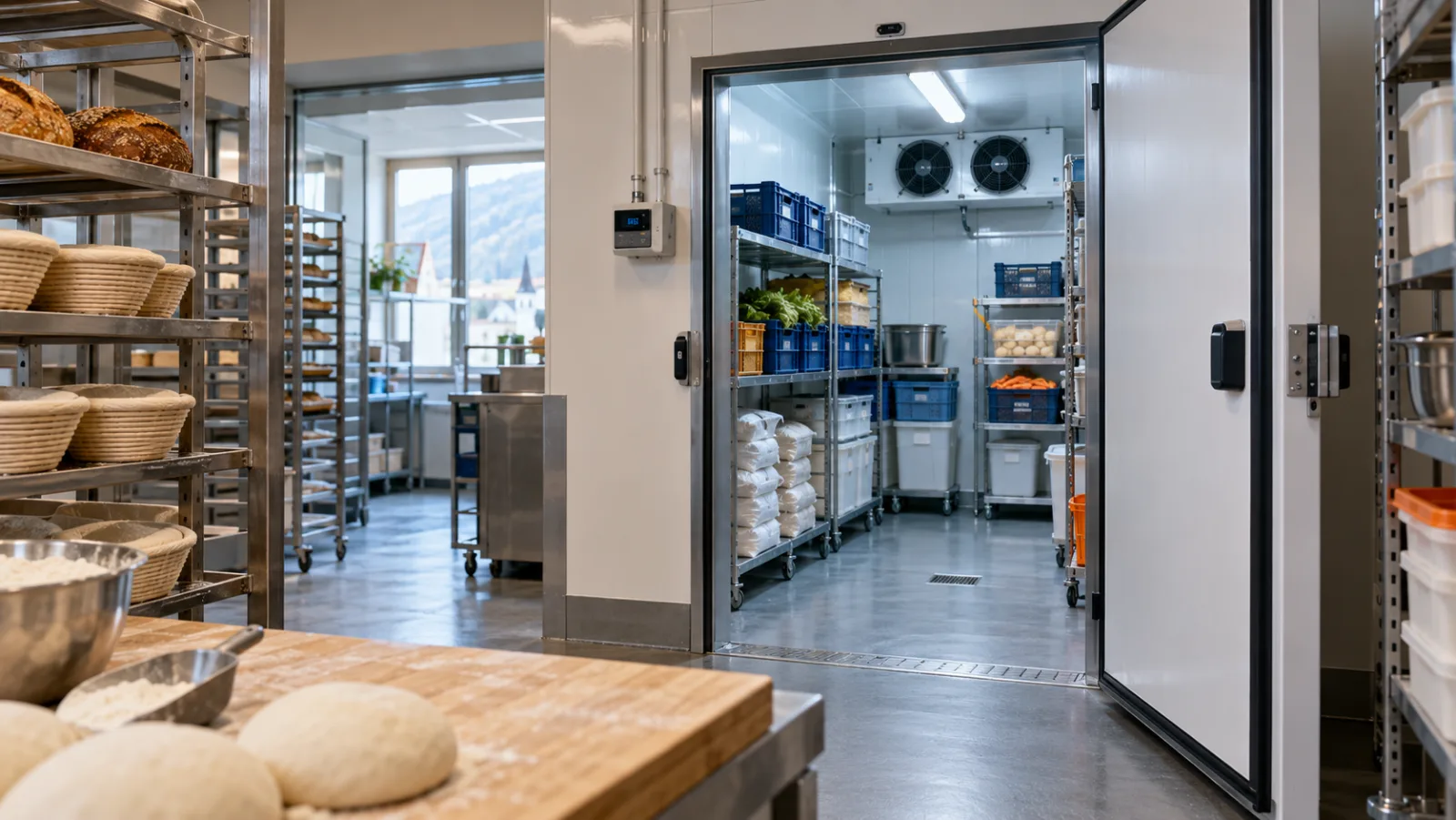 Sauberer Kühlraum einer Bäckerei mit Tür, Verdampfer und geordneten Zutatenbehältern
