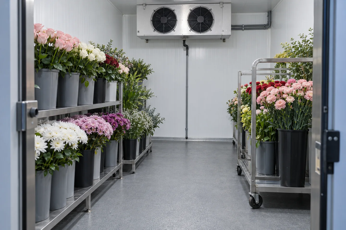 Blumen-Kühlraum mit Schnittblumenbehältern, freiem Mittelgang und gewerblichem Luftkühler