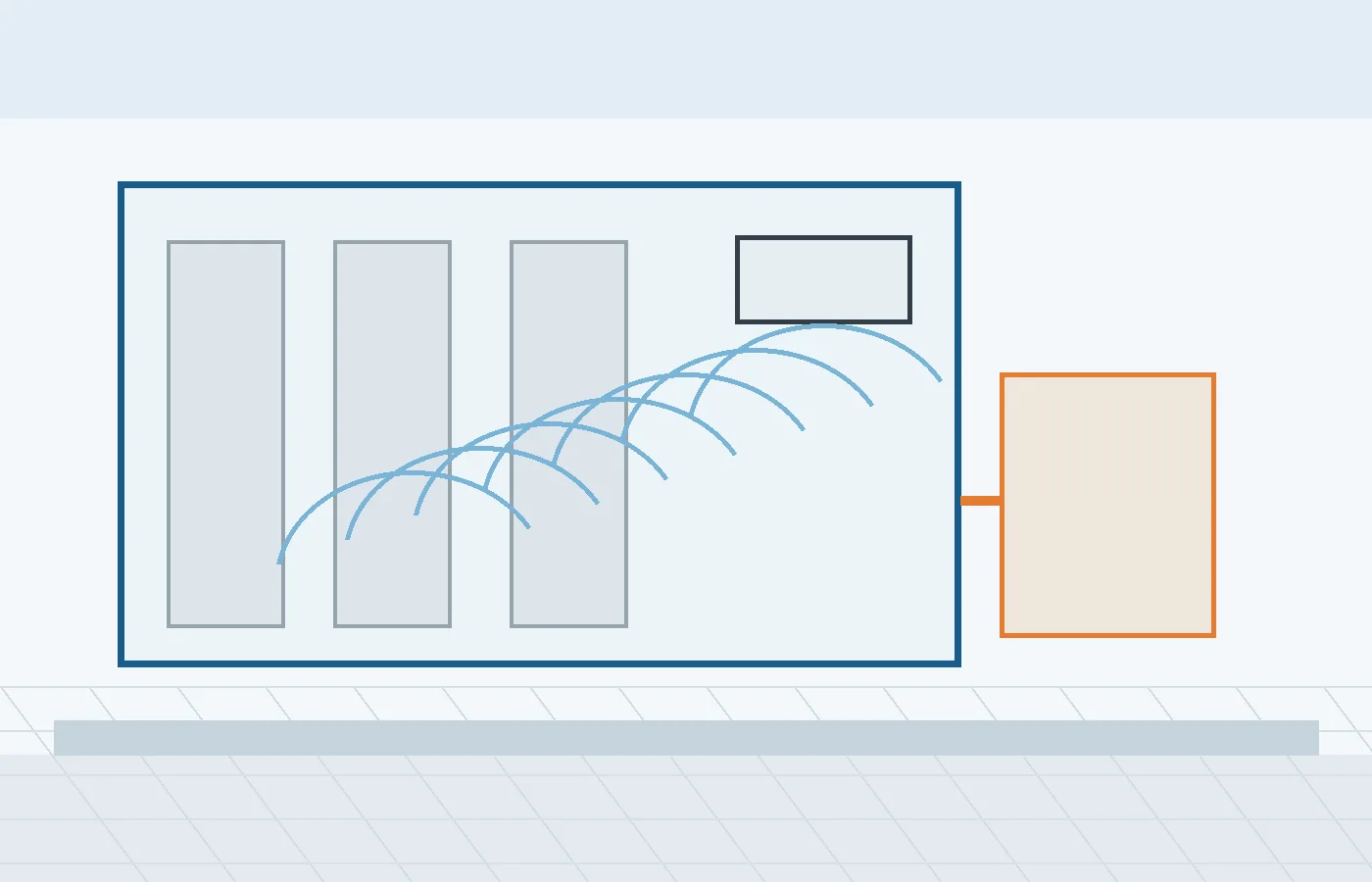 Technische B2B-Illustration eines Blumen-Kühlraums mit Regalen, Verdampfer, Luftführung und Feuchtemanagement