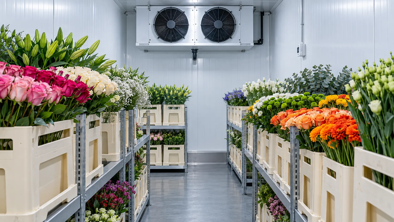 Verdampfer und frei angeordnete Blumenregale in einem Floristik-Kühlraum