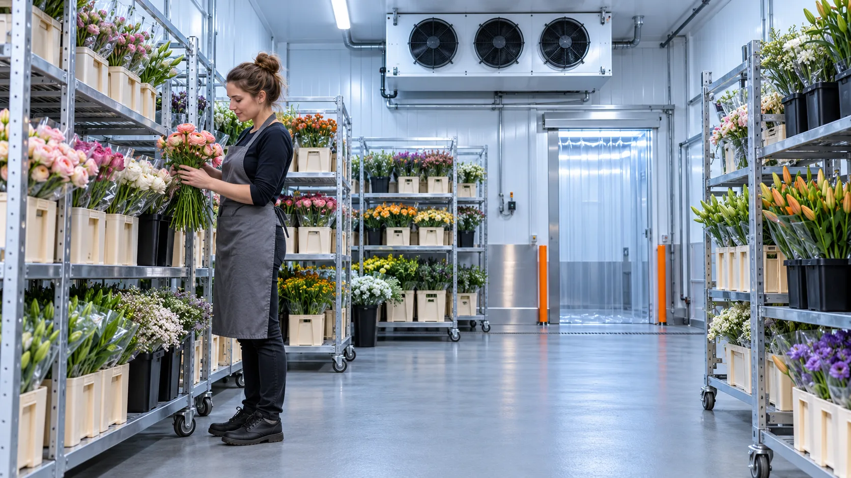 Sauberer Floristik-Kühlraum mit Schnittblumen auf Rollregalen und Verdampfer