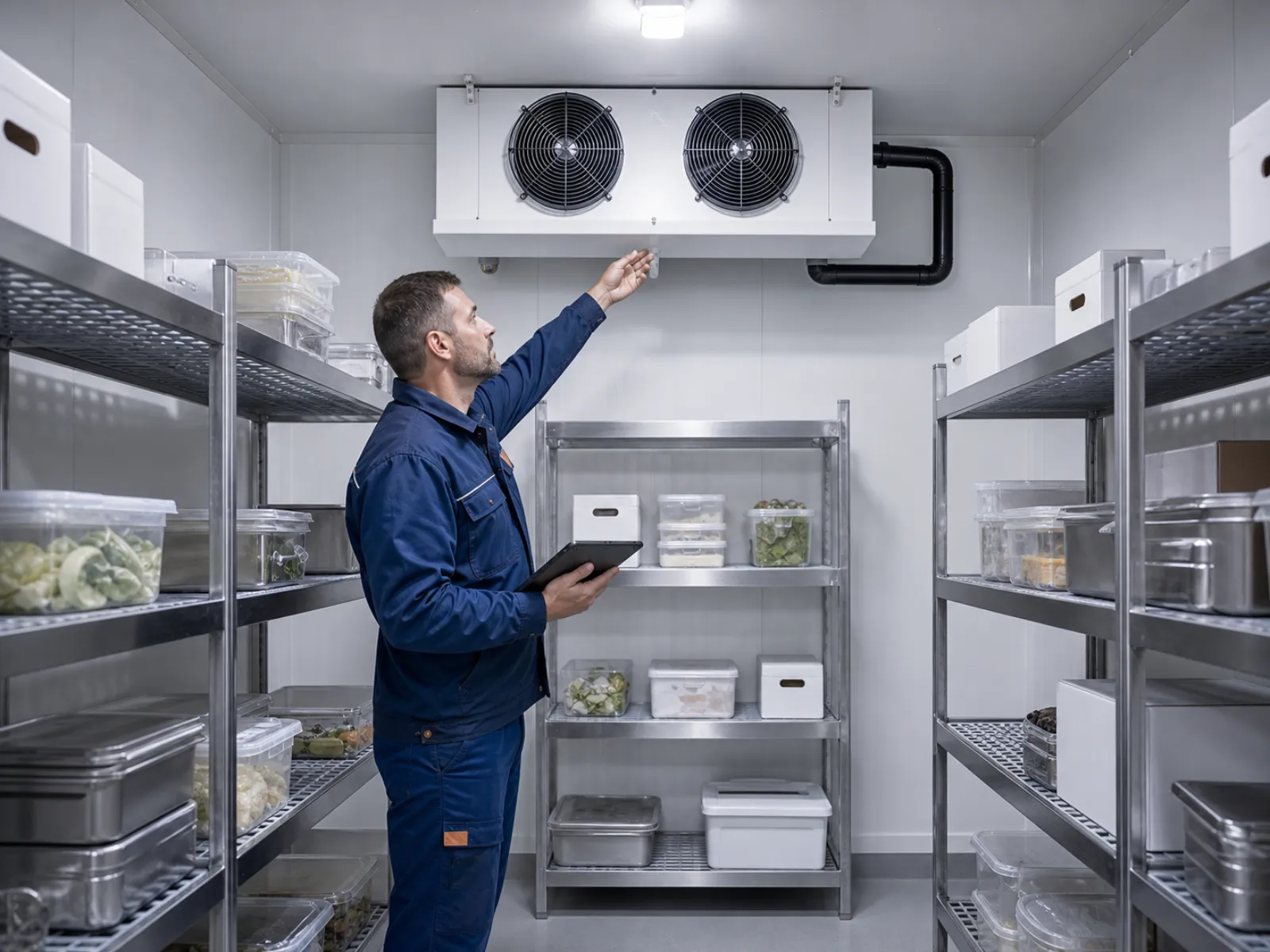 Techniker prüft Verdampfer und Luftführung in einem Gastronomie-Kühlraum, Regale sind nicht vor dem Luftstrom platziert