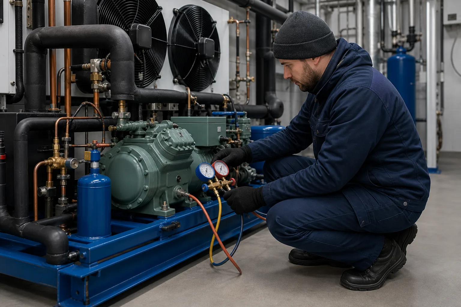 Servicetechniker an einer gewerblichen Kälteanlage mit guter Zugänglichkeit zu Leitungen und Armaturen in einem Gastronomiebetrieb