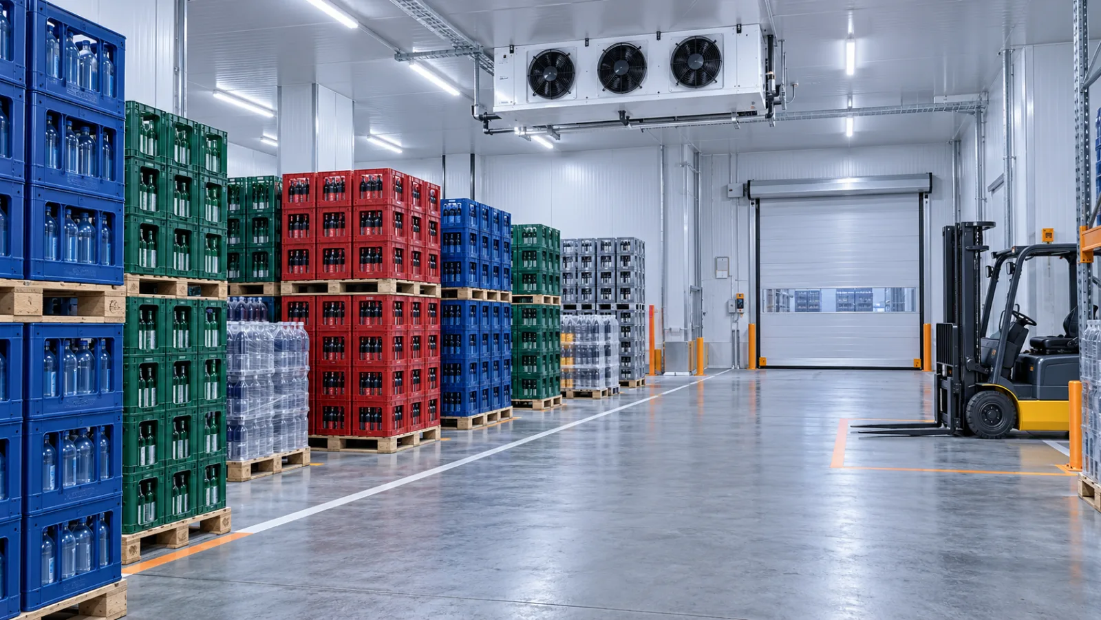 Modernes Kühllager im Getränkehandel mit Paletten, klaren Luftwegen und Kommissionierbereich