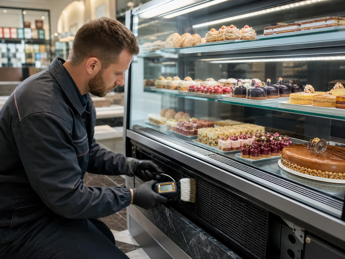 Kältetechniker reinigt den Verflüssiger und kontrolliert eine Kuchenvitrine in einer Konditorei