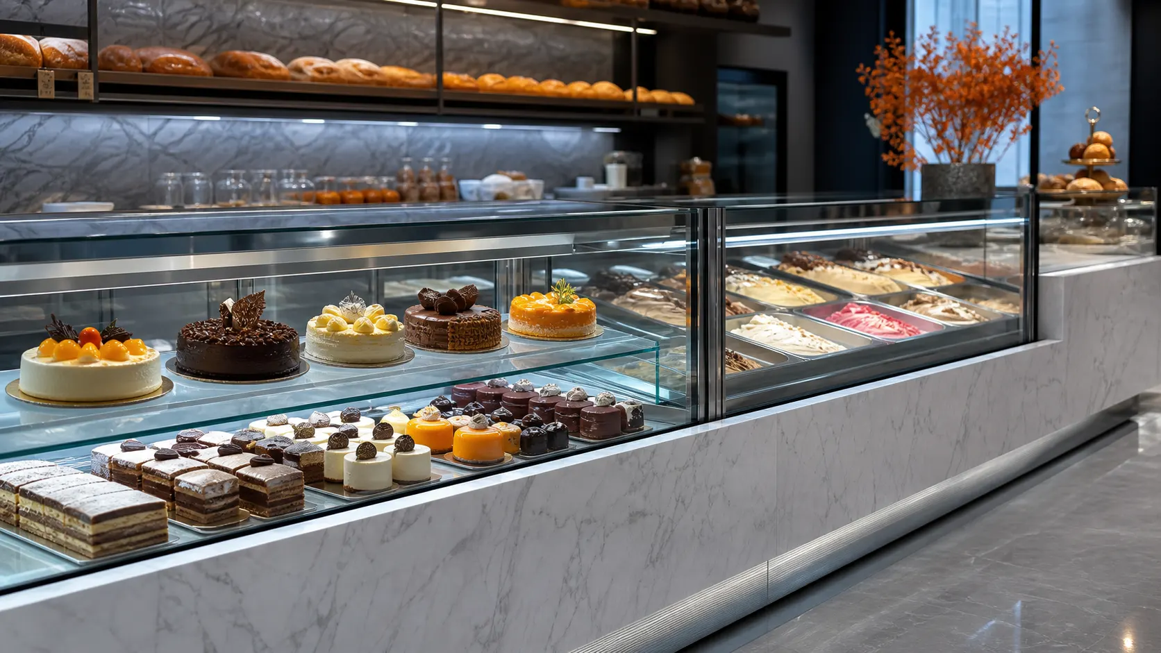 Moderne gekühlte Kuchen- und Eisvitrine in einer hochwertigen österreichischen Konditorei