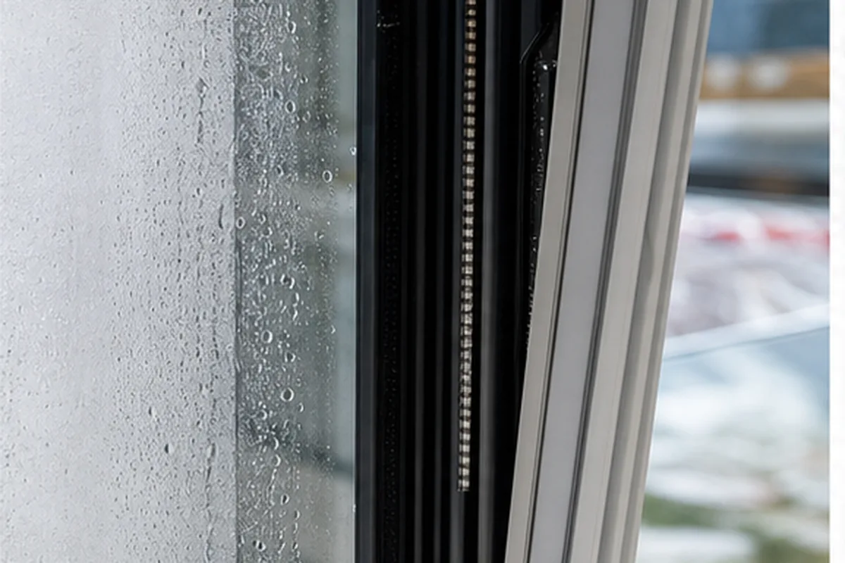 Kondenswassertropfen an der äußeren Glasscheibe und Dichtung eines gewerblichen Kühlmöbels