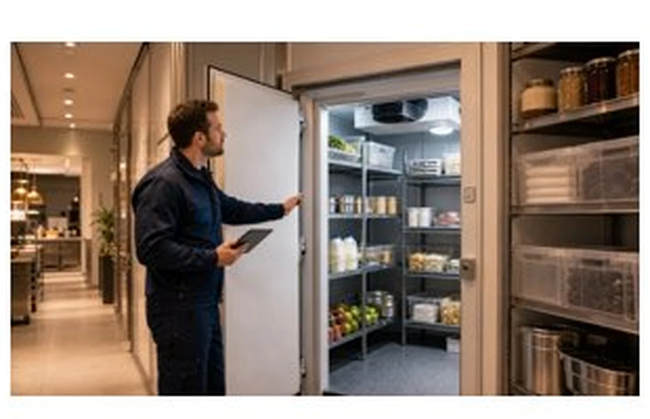 Kleiner Lebensmittelmarkt mit mehreren steckerfertigen Kühlmöbeln und begrenzter Technikfläche im Hintergrund