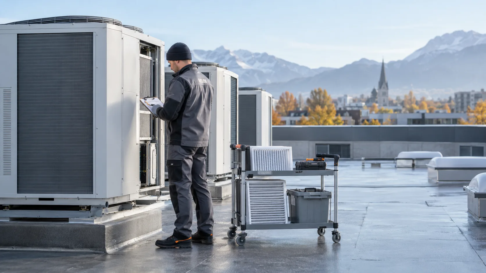 Fachkraft wartet eine Gewerbeklimaanlage auf dem Dach eines Bürogebäudes