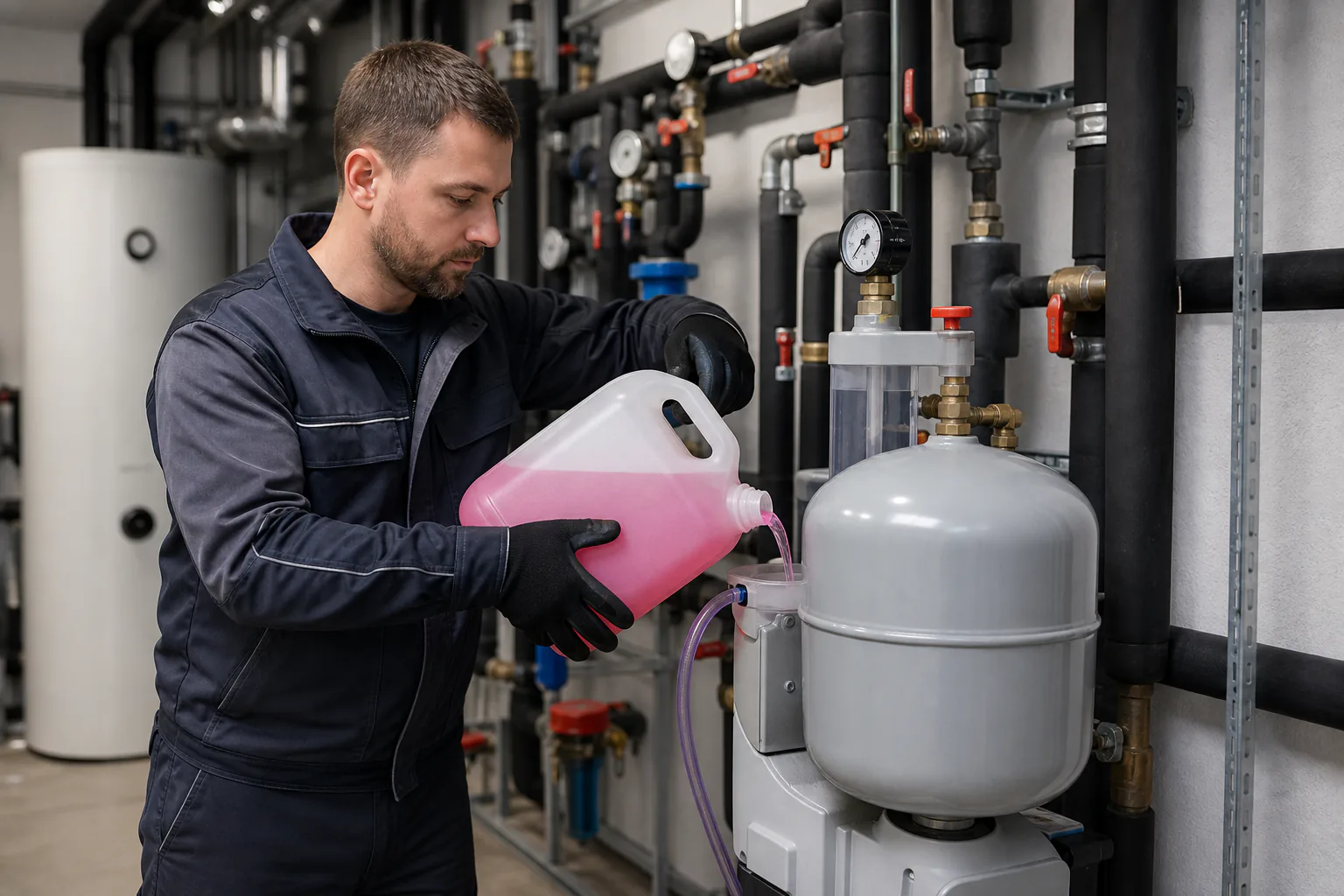 Techniker füllt ein inhibiertes Glykol-Wasser-Gemisch kontrolliert in einen Wärmeträgerkreislauf; saubere Industrieumgebung ohne Logos