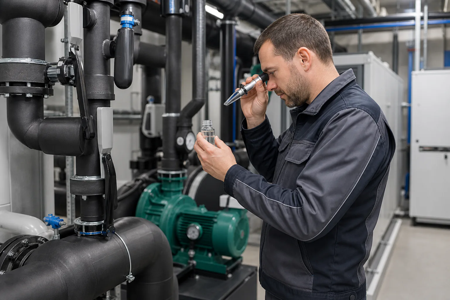 Techniker in einem Kälteanlagen-Technikraum prüft den Glykolgehalt eines Kühlwasserkreises an einem Chiller-System