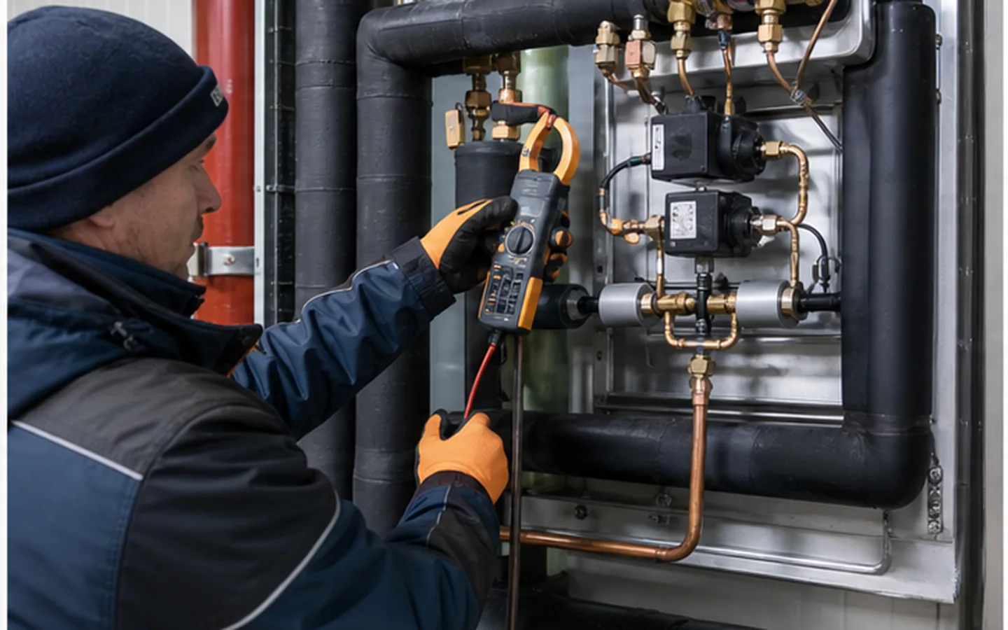 Techniker prüft Ventilstation und Heißgasleitung einer Industriekälteanlage