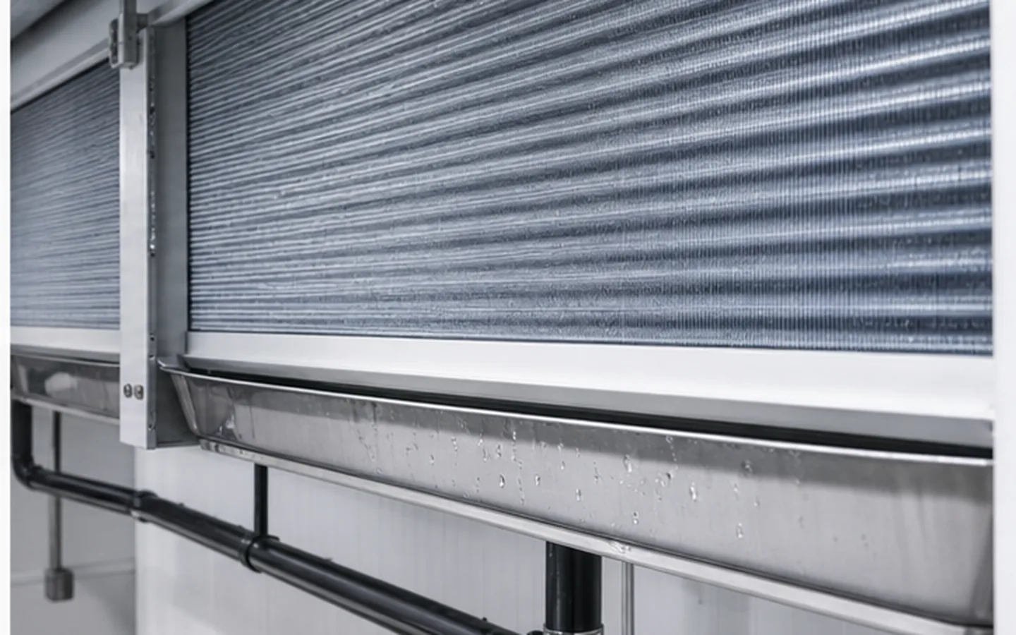 Sauber abgetauter Industrieverdampfer mit freiem Lamellenpaket und funktionierender Tropfwanne