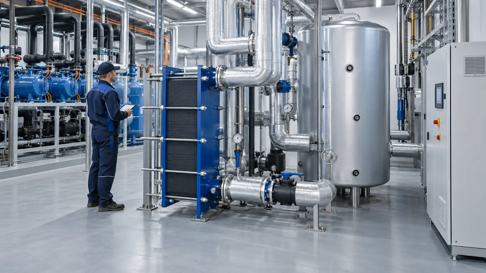 Industriekälteanlage mit Wärmerückgewinnung in einem technischen Betriebsraum