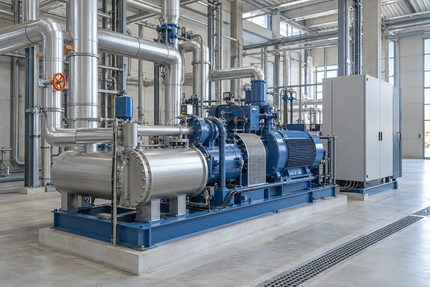 Kompaktes Industriekälte-Aggregat mit isolierten Leitungen im Maschinenraum