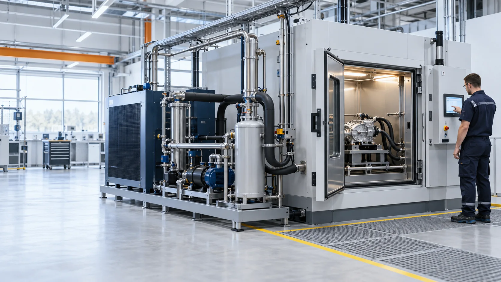 Klimakammer und industrielle Kaltwasseranlage in einem Automotive-Prüfzentrum