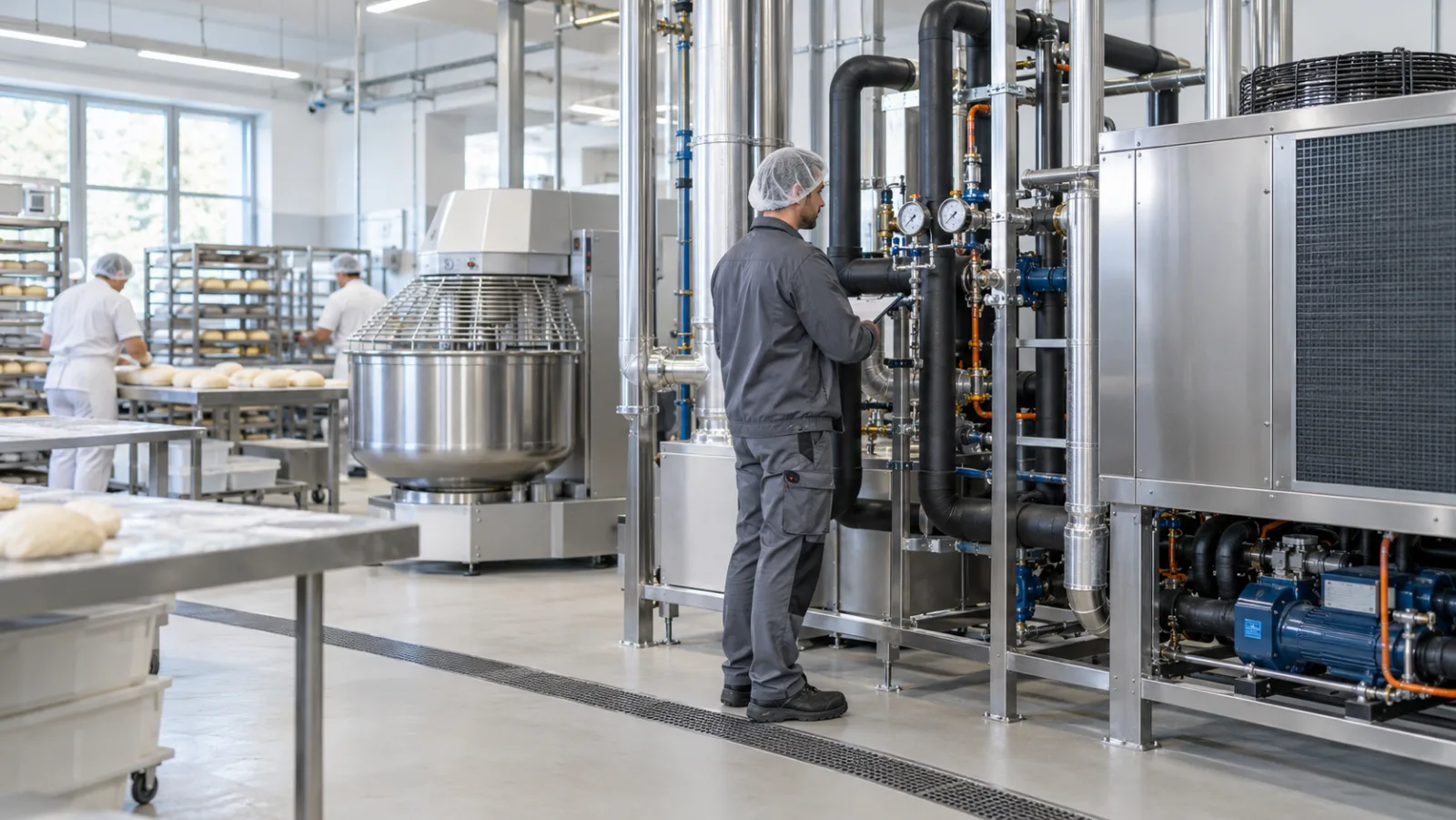 Industriekälteanlage mit isolierten Leitungen in einem modernen Backbetrieb neben der Teigverarbeitung