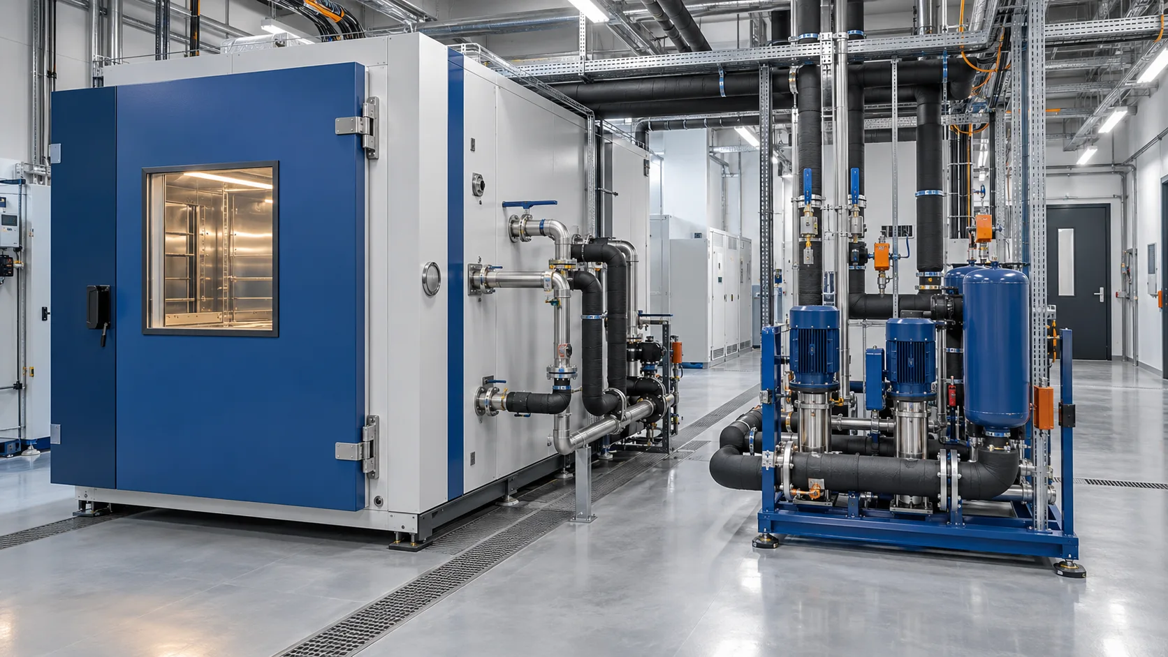 Klimakammer und Pumpengruppe mit gedämmten Kaltwasserleitungen in einer industriellen Batteriefertigung