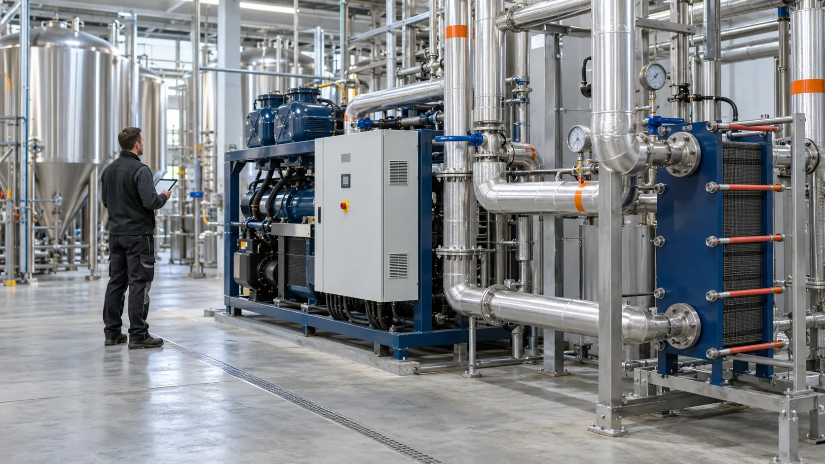 Industrielle Prozesskühlung mit Plattenwärmetauscher und Rohrleitungen in einer Brauerei